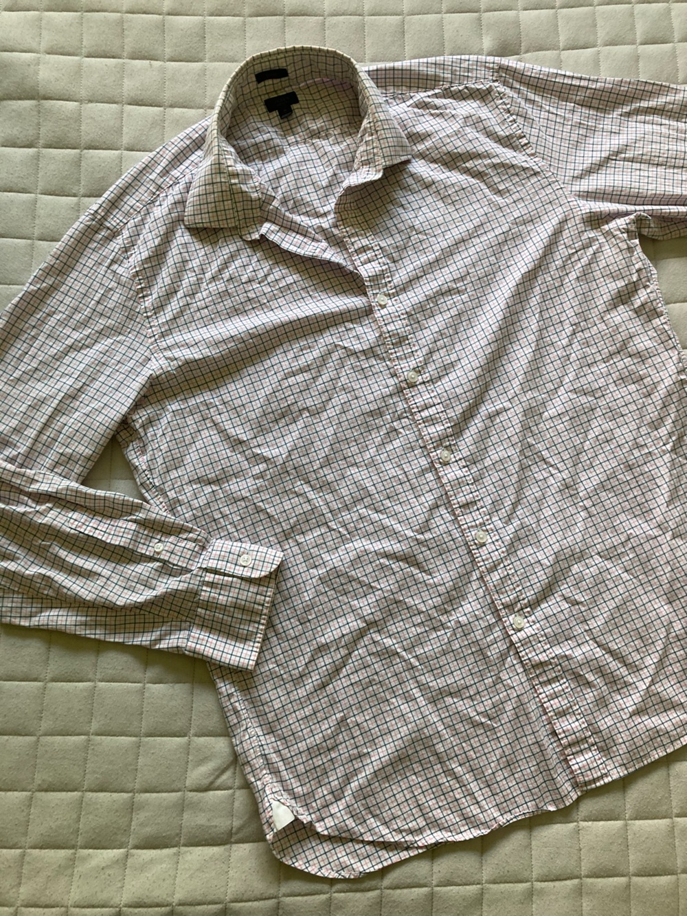 J. Crew Men's Pink and Blue Checkered Button-Up Shirt